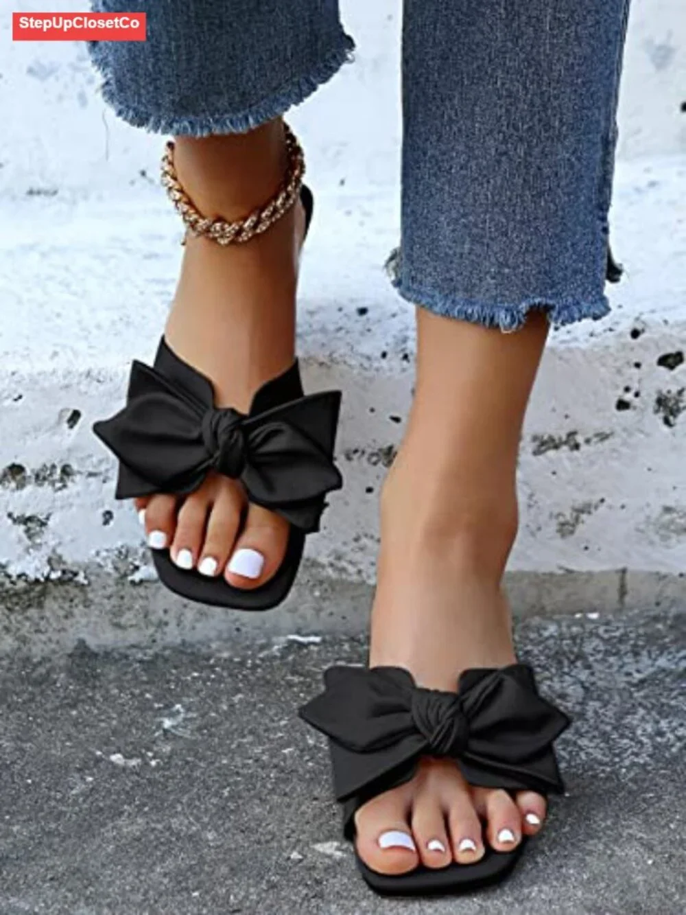 Faux Leather Bow Chunky Block Heel Open Toe Mule Sandals